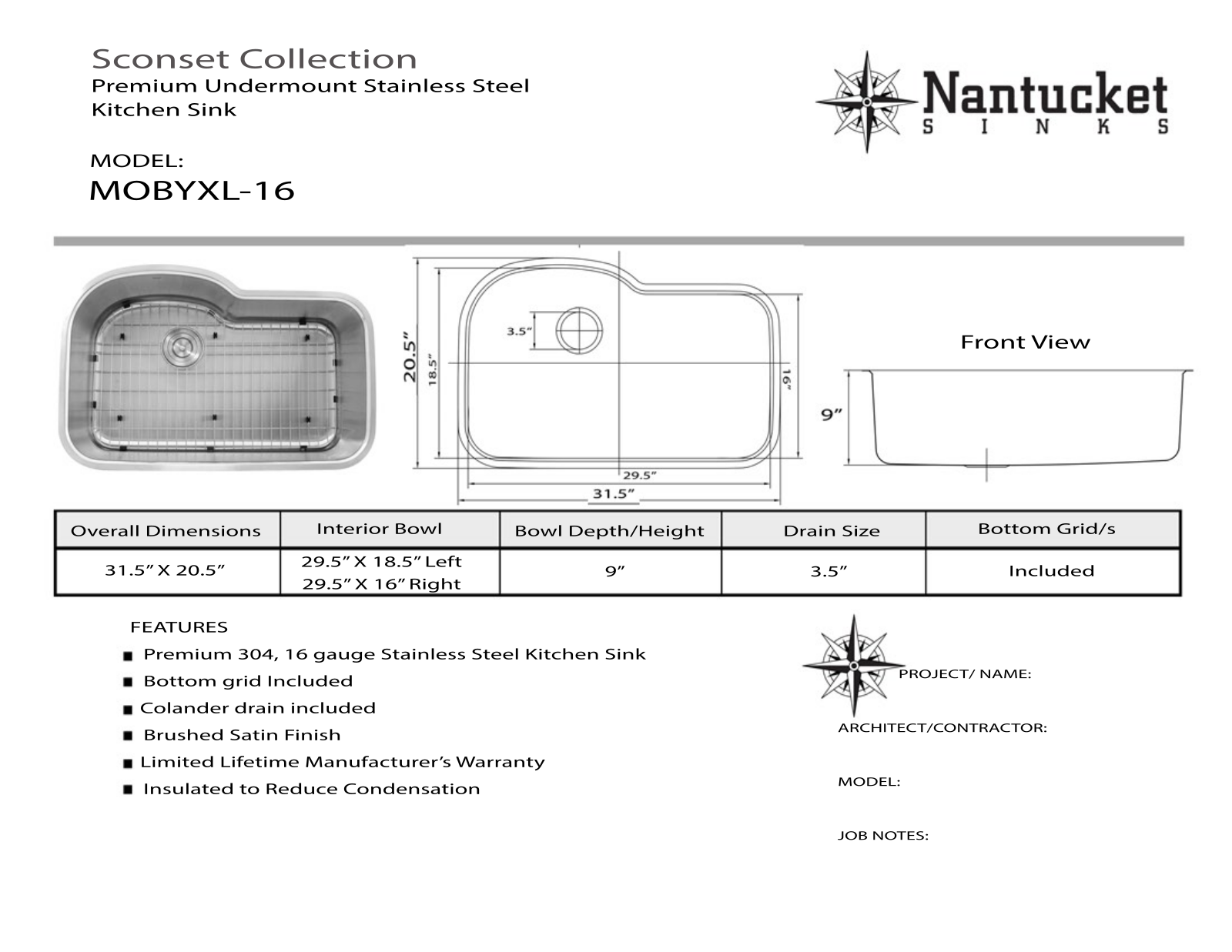 Nantucket MOBYXL16 Specifications