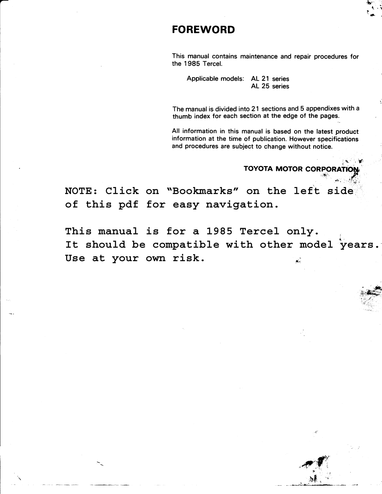 Toyota Tercel 4WD 1985 User Manual