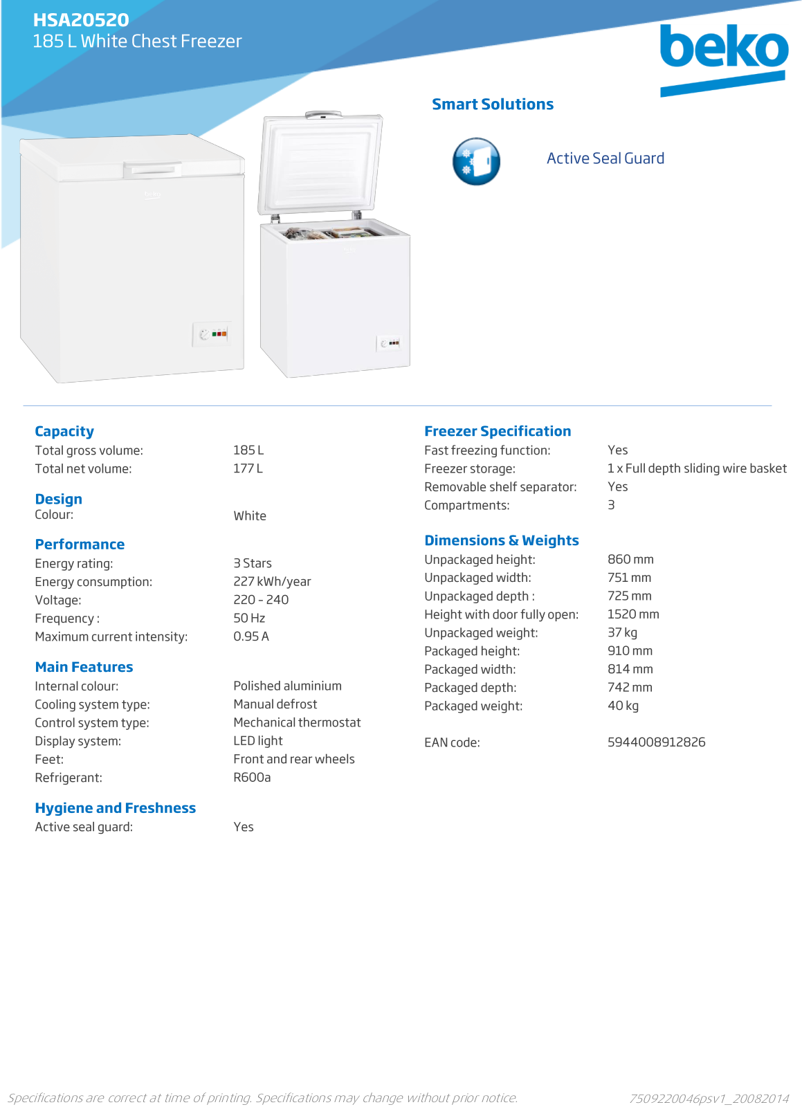 Beko HSA20520 Specifications Sheet