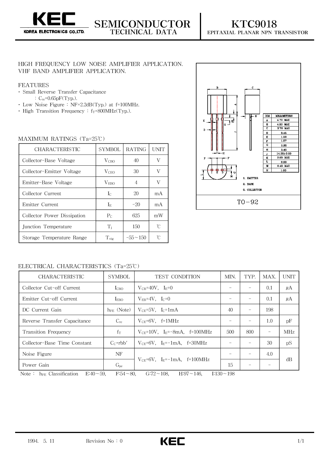 KEC KTC9018 Datasheet