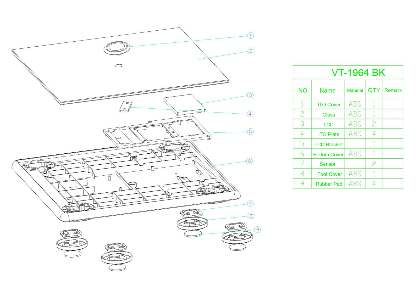 Vitek VT-1964 BK Exploded Diagram