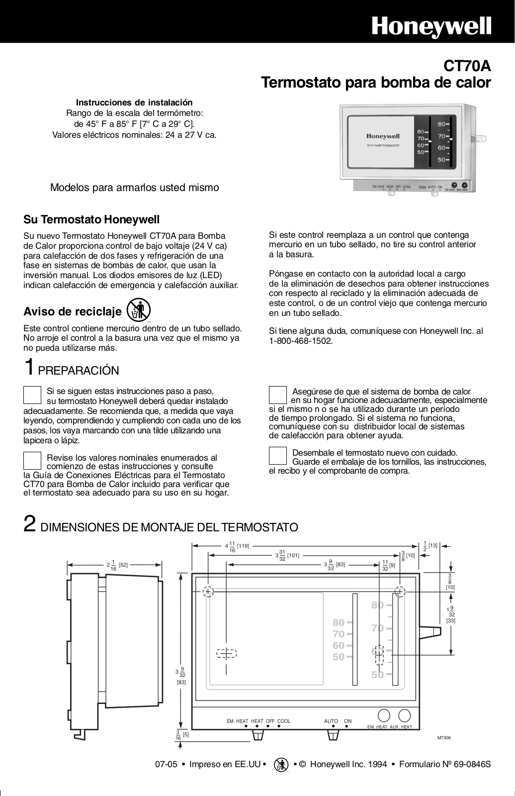 Honeywell CT70A User Manual