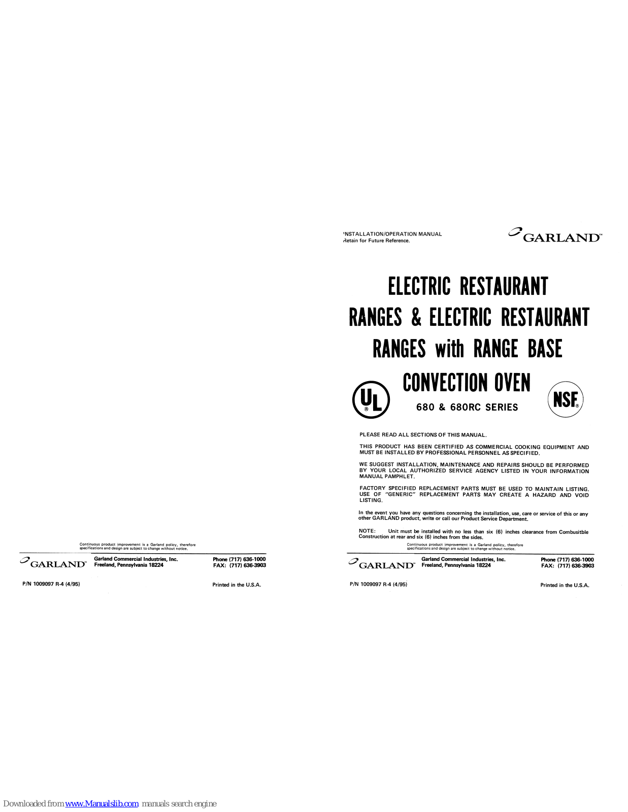 Garland 680 Series, 680RC Series, ER680-36, ER680-60, 684RC2 User Manual