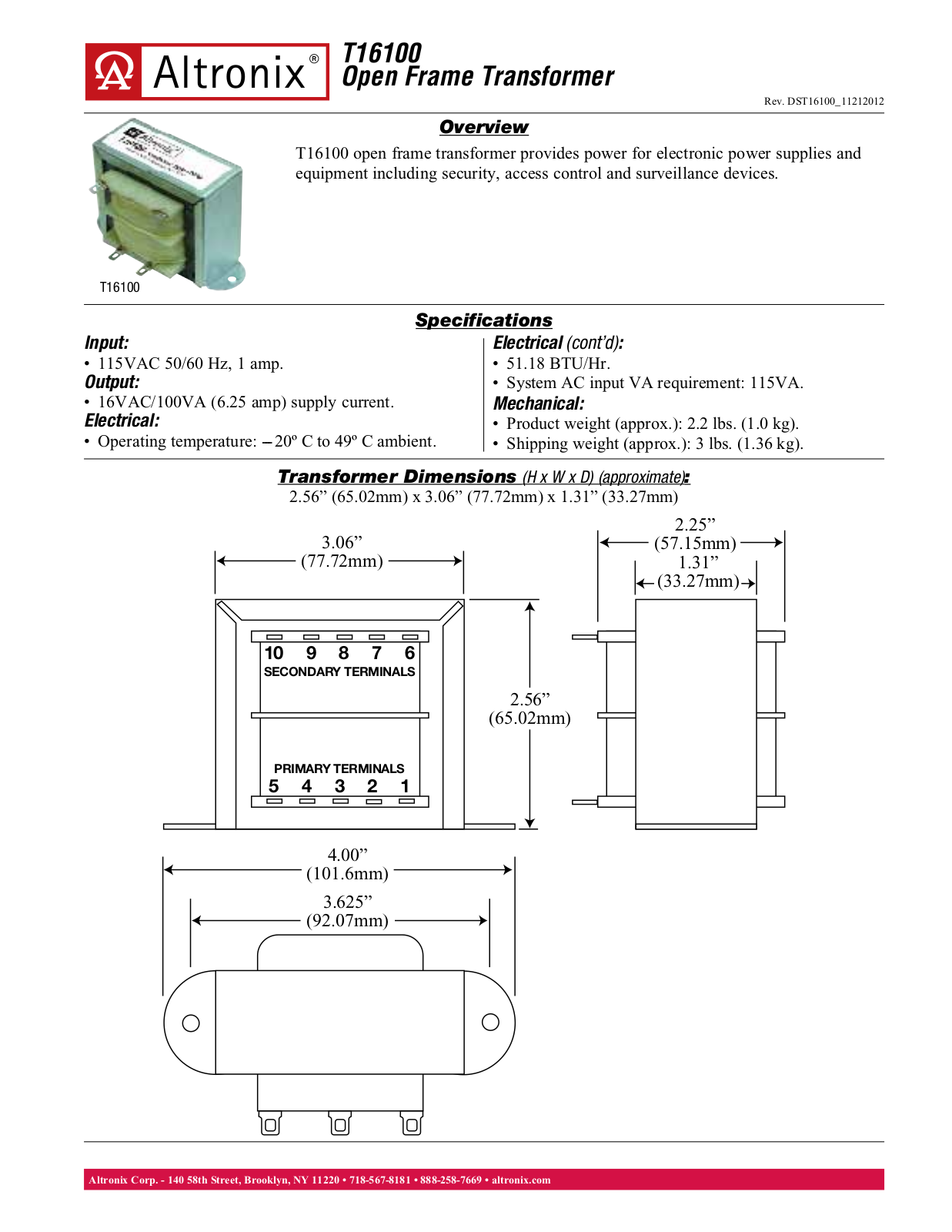 Altronix T16100 Specsheet