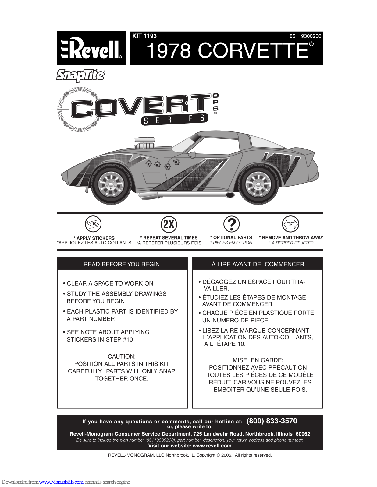 REVELL KIT 1193, 1978 Corvette, 1193 Assembly Manual