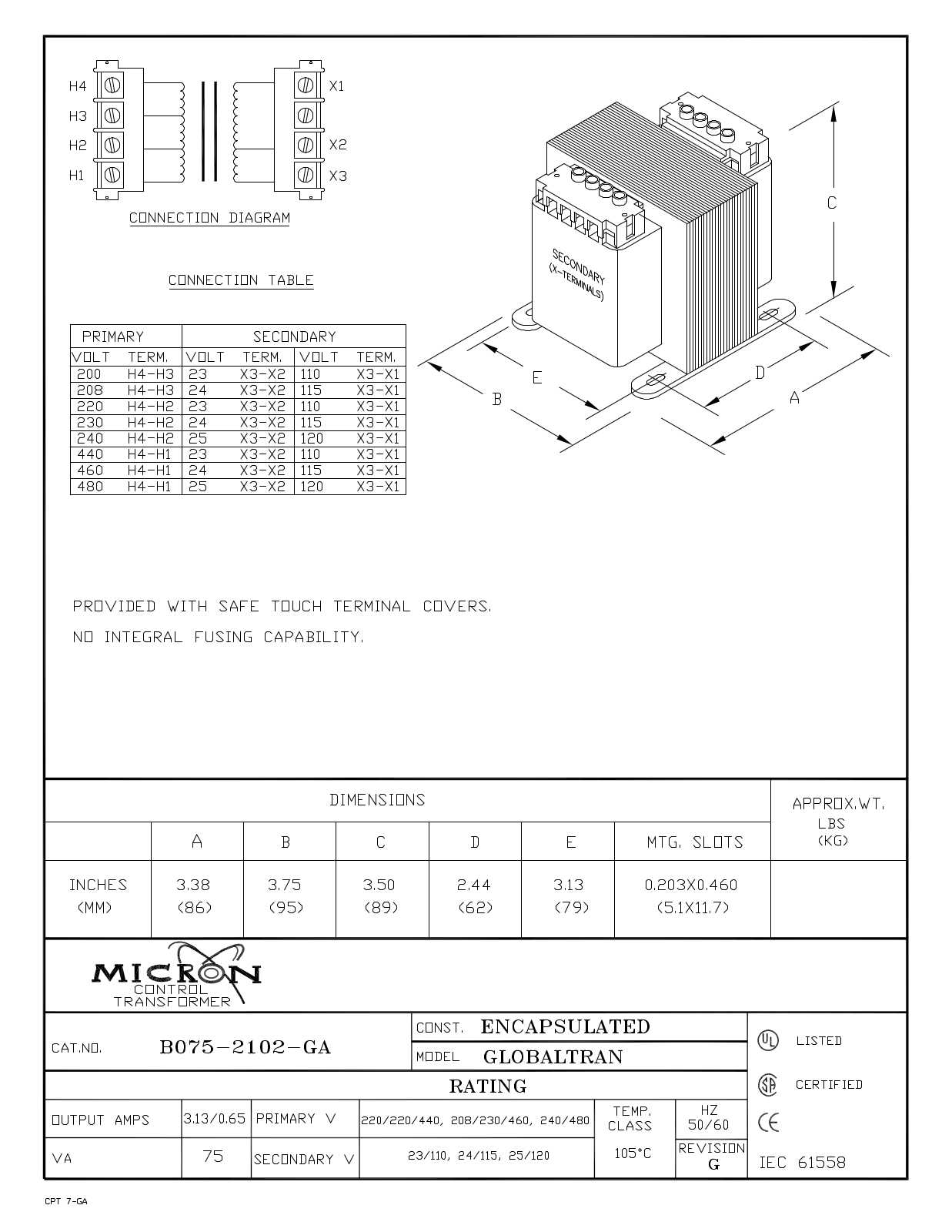 Micron Industries B075-2102-GA Specification Sheet