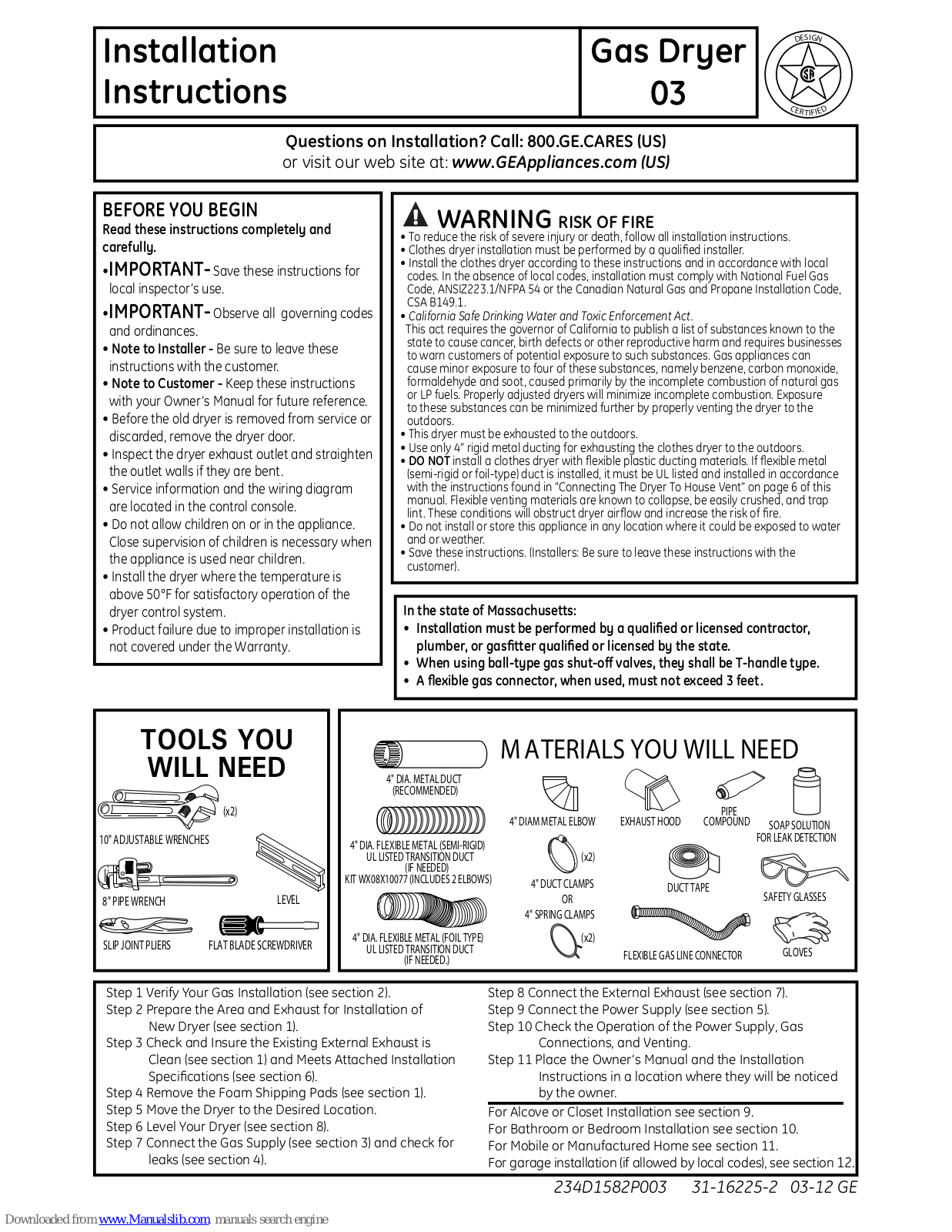 GE GTDP300GMWS, GTDP400GMWS, GTDX300GMWS, GTDP250GMWW, GTDX205GMCC Installation Instructions Manual