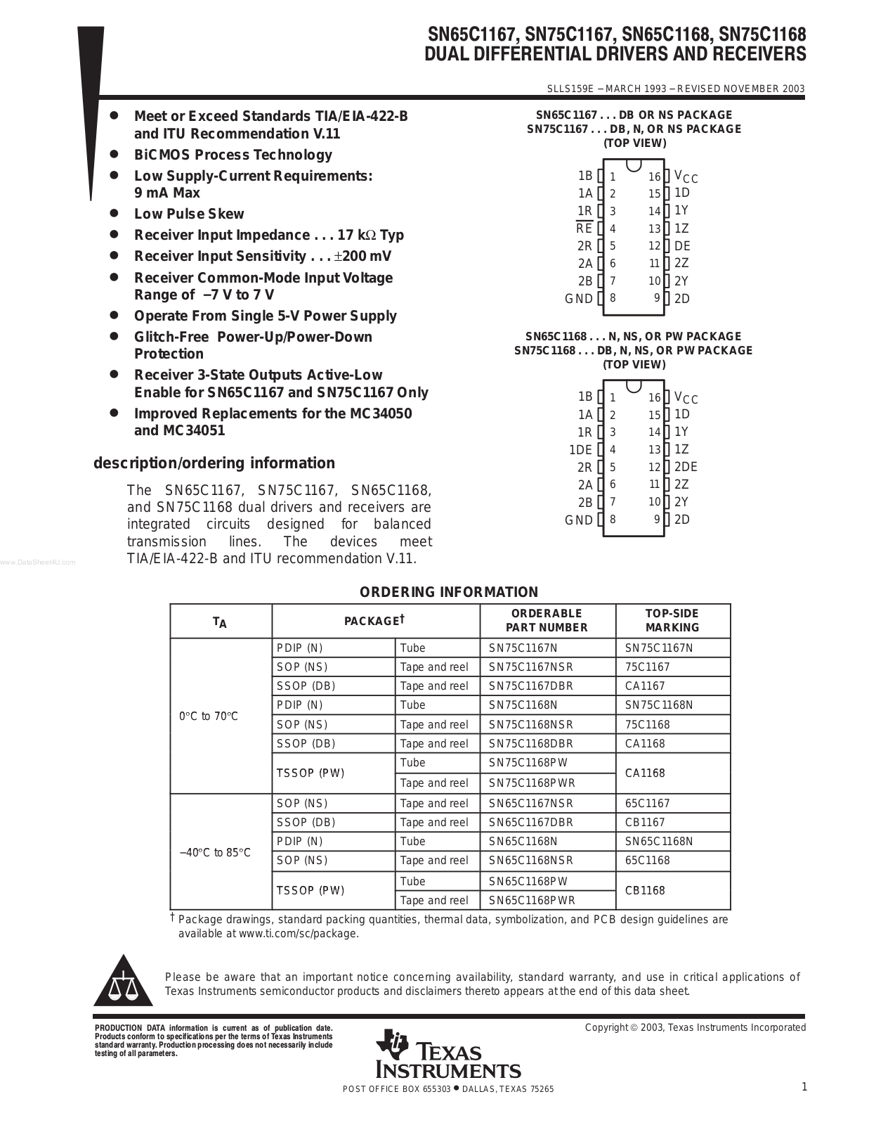 Texas Instruments 75 C 1168 INSTALLATION INSTRUCTIONS