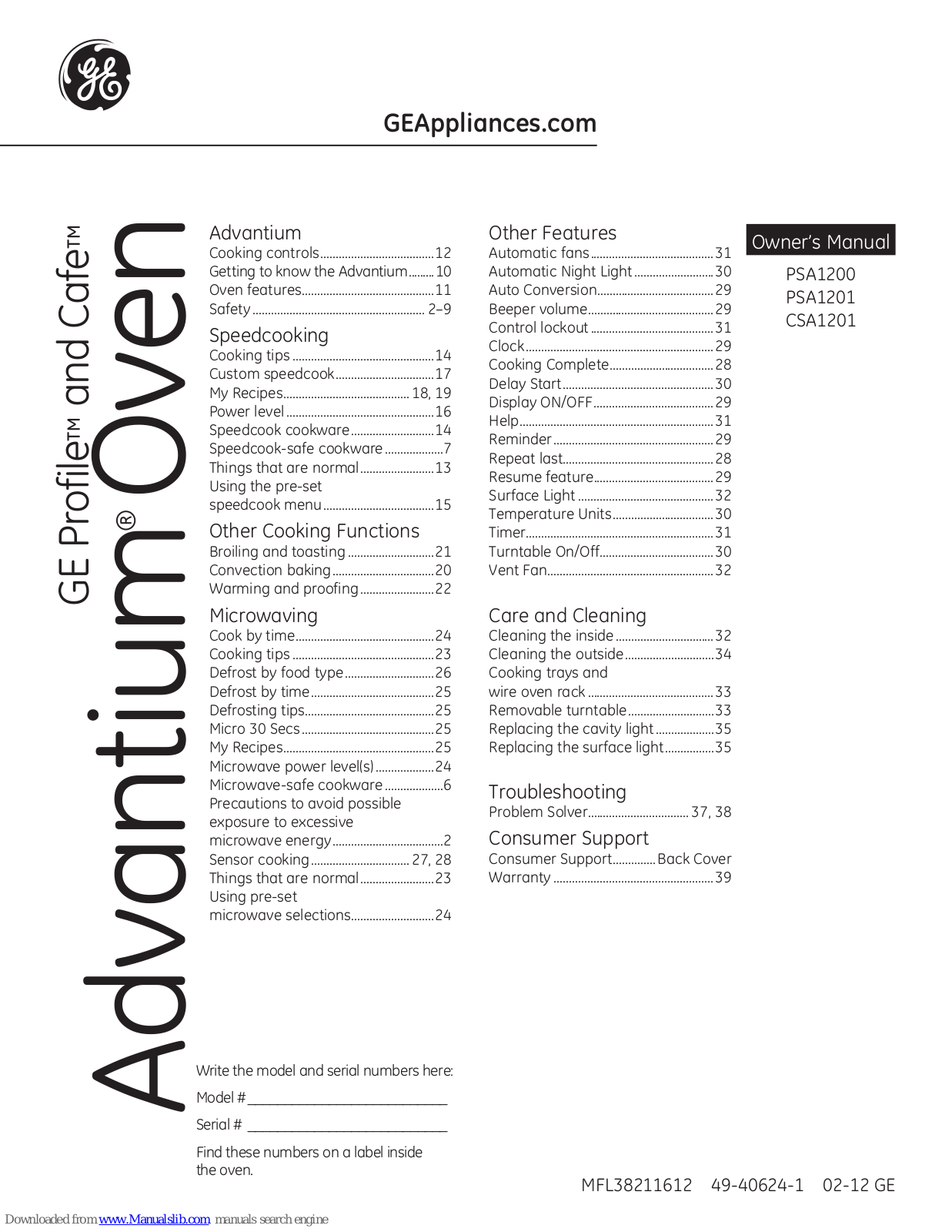 GE PSA1201RSS, PSA1200RBB, PSA1200RWW, Cafe Advantium CSA1201, Profile Advantium PSA1201 Owner's Manual