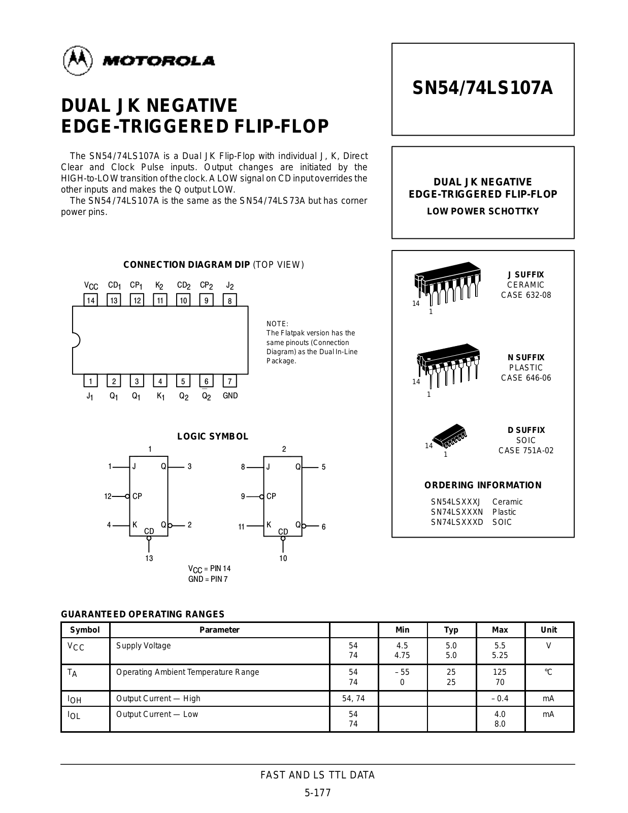 Motorola SN54LS107AJ, SN74LS107AD, SN74LS107AN Datasheet