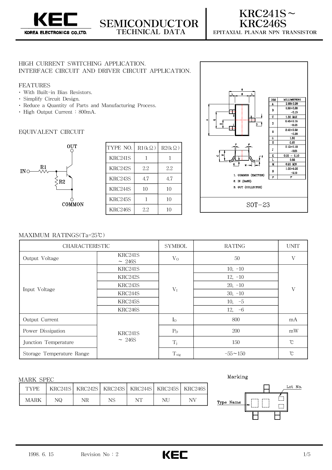 KEC KRC243S, KRC242S, KRC246S, KRC245S, KRC244S Datasheet