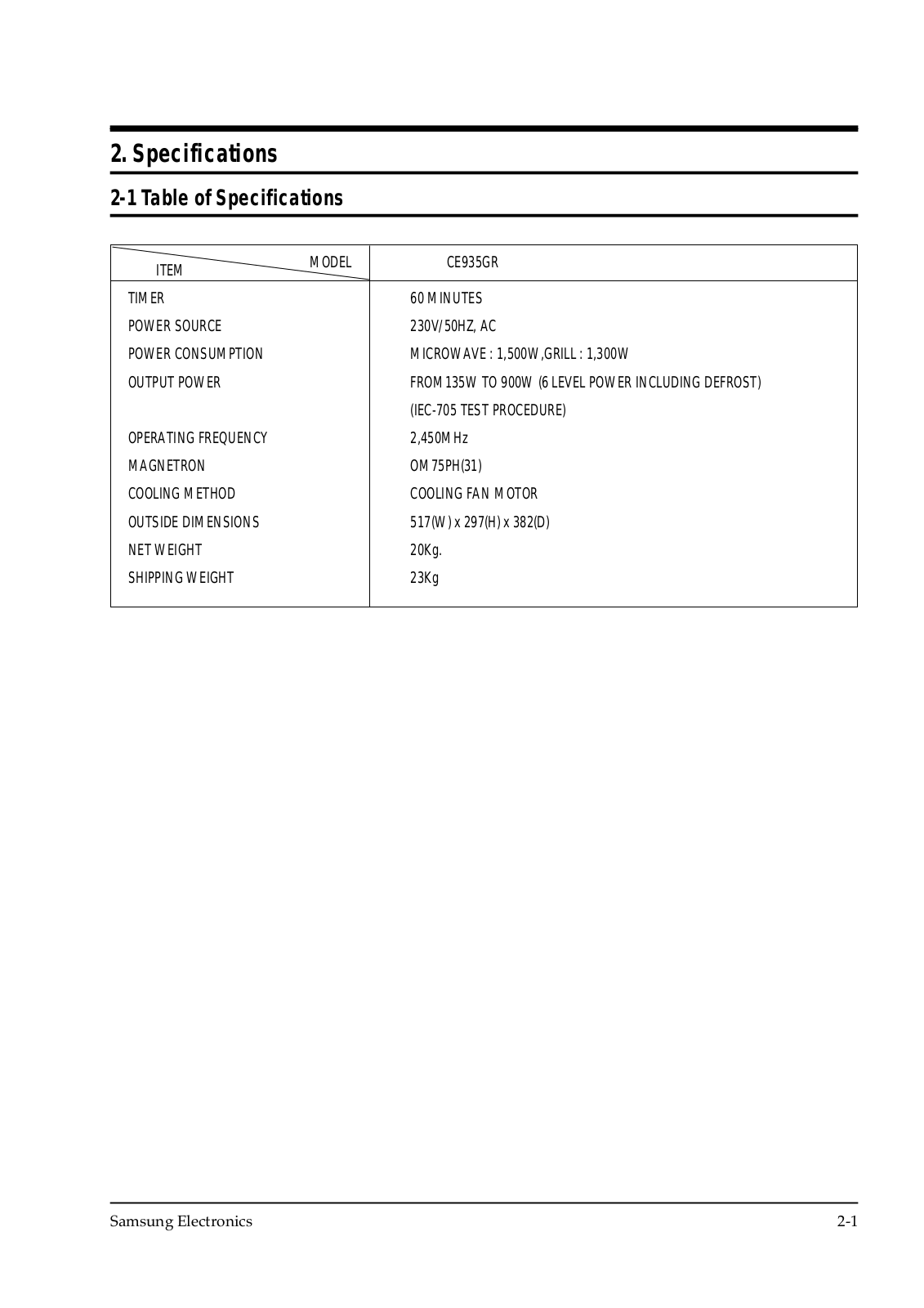 Samsung CE935, CE935GR-SBTW Specifications