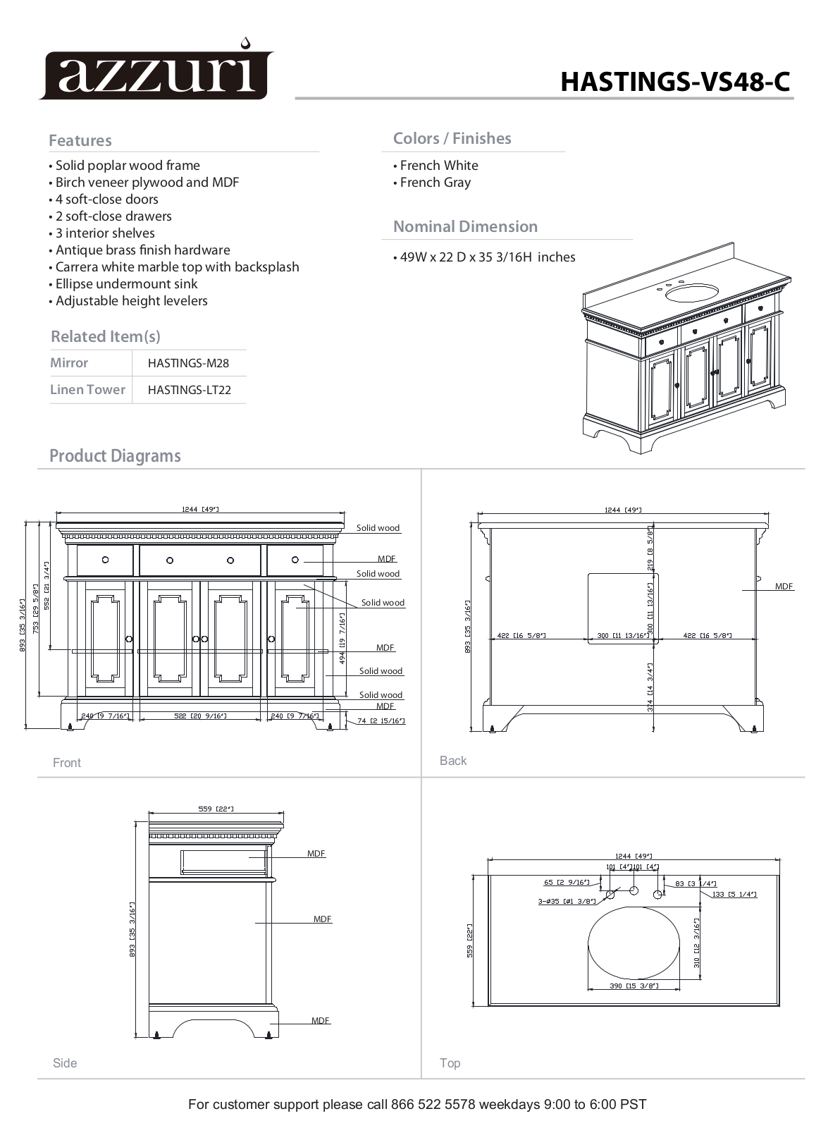 Azzuri HASTINGSVS48FWC, HASTINGSVS48FGC Specifications