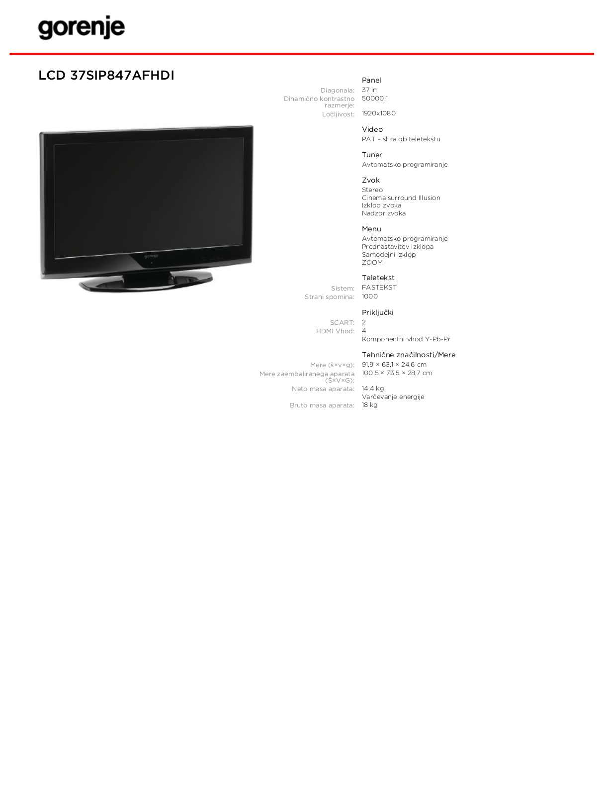 Gorenje LCD37SIP847AFHDI DATASHEET