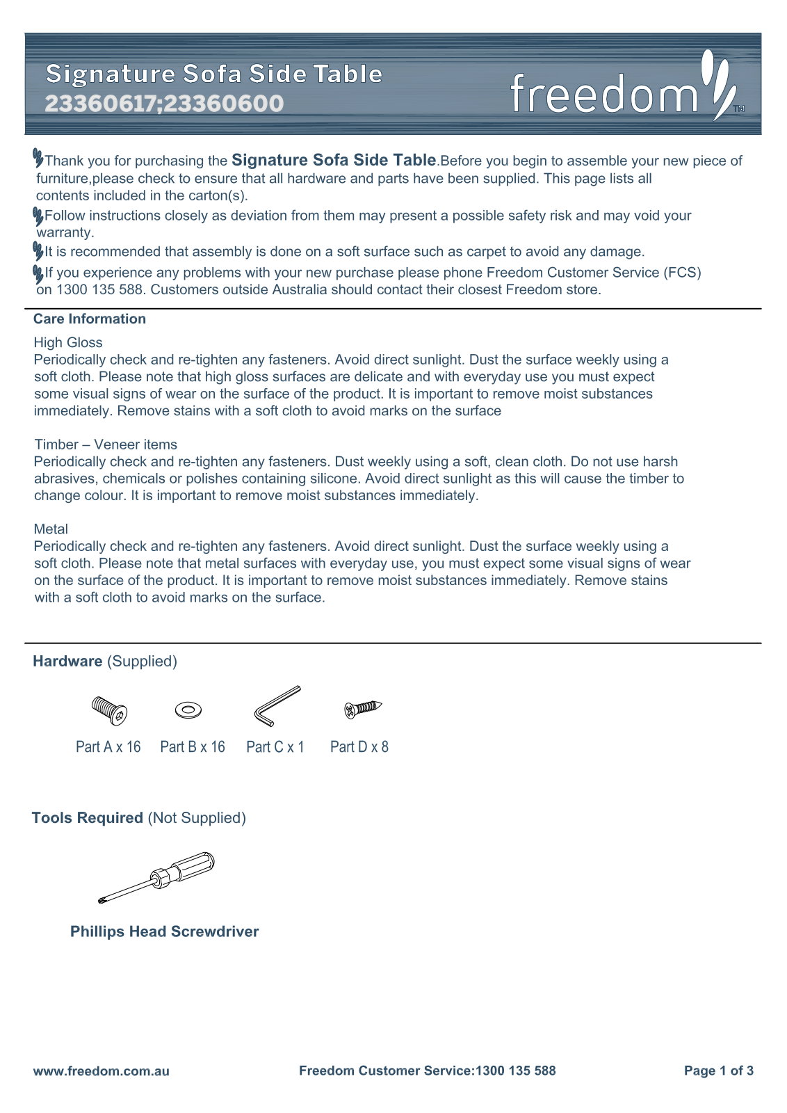 Freedom Signature Sofa Side Table Assembly Instruction