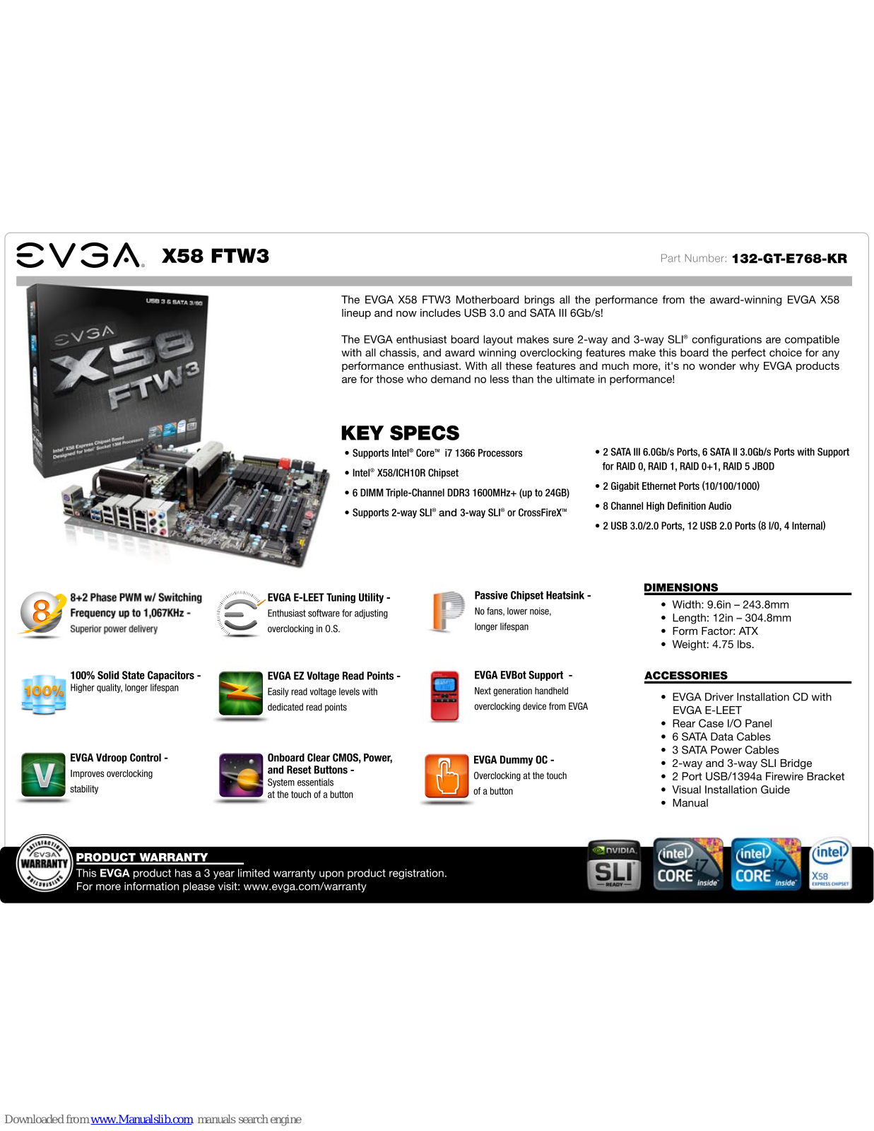 EVGA X58 FTW3, 132-GT-E768-KR Specifications - ManualMachine.com