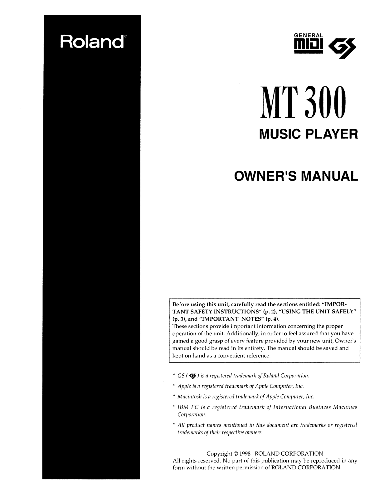 Roland Corporation MT-300 Owner's Manual