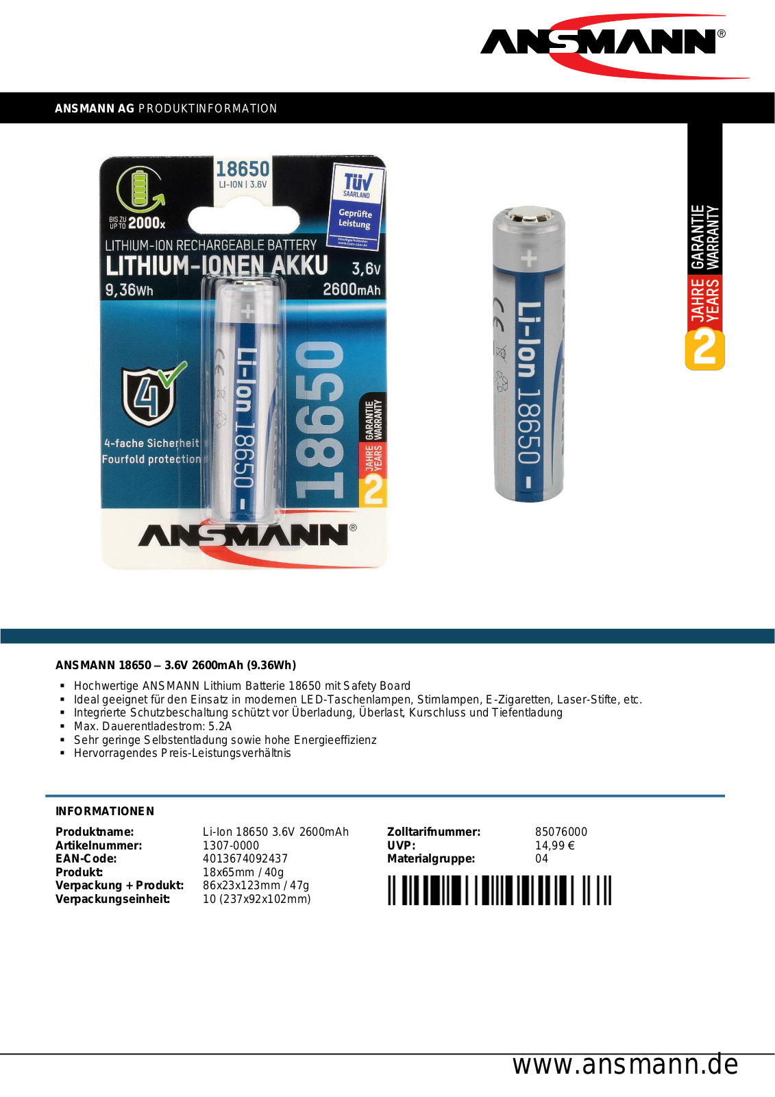 ANSMANN ANS 18650 PCB Datasheet - ManualMachine.com