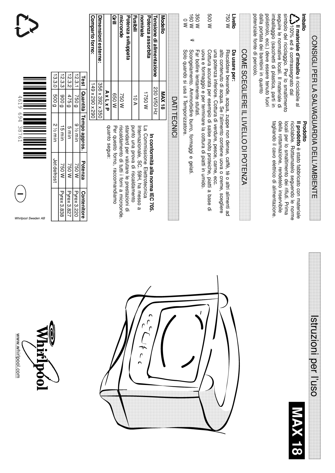 Whirlpool MAX 18/AB, MAX 18 WH D, MAX 18/WH, MAX 18 WA D, MAX 18/BL INSTRUCTION FOR USE