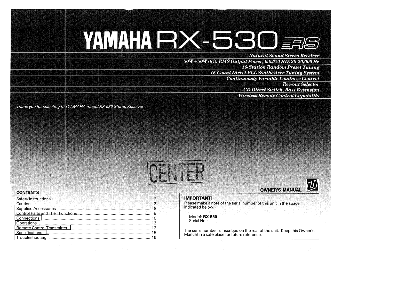 Yamaha RX-530, RX-530RS Owner Manual