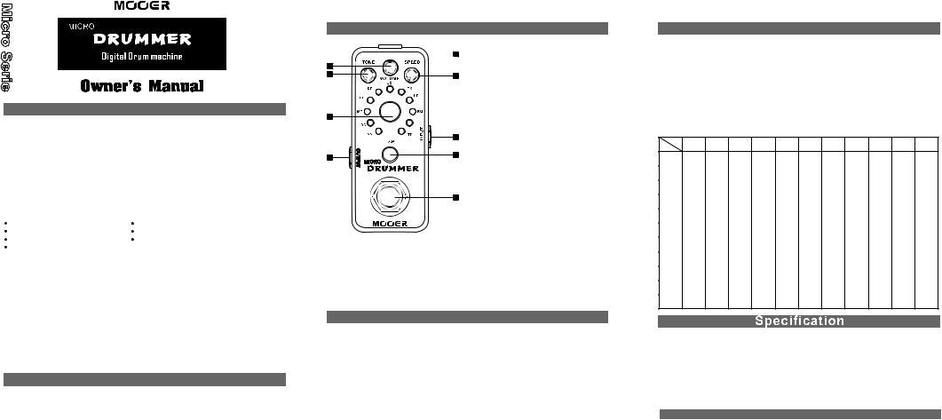 Mooer Micro Drummer Owner`s Manual