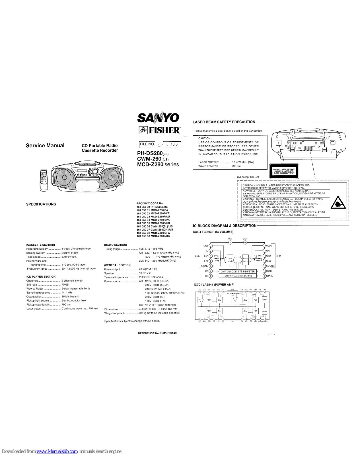 SANYO PH-DS280, CWM-260, MCD-Z280 User Manual