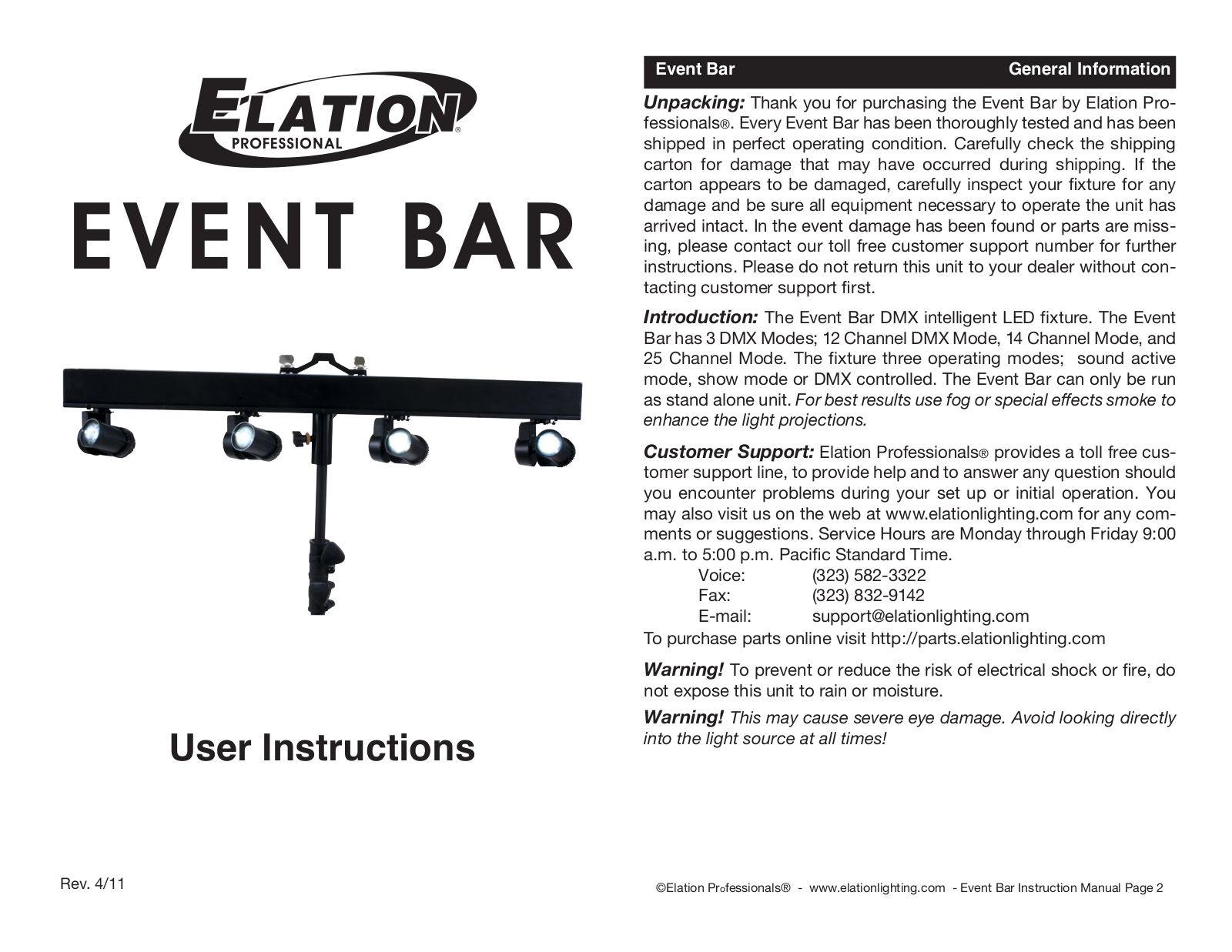 Elation Event Bar User Instructions