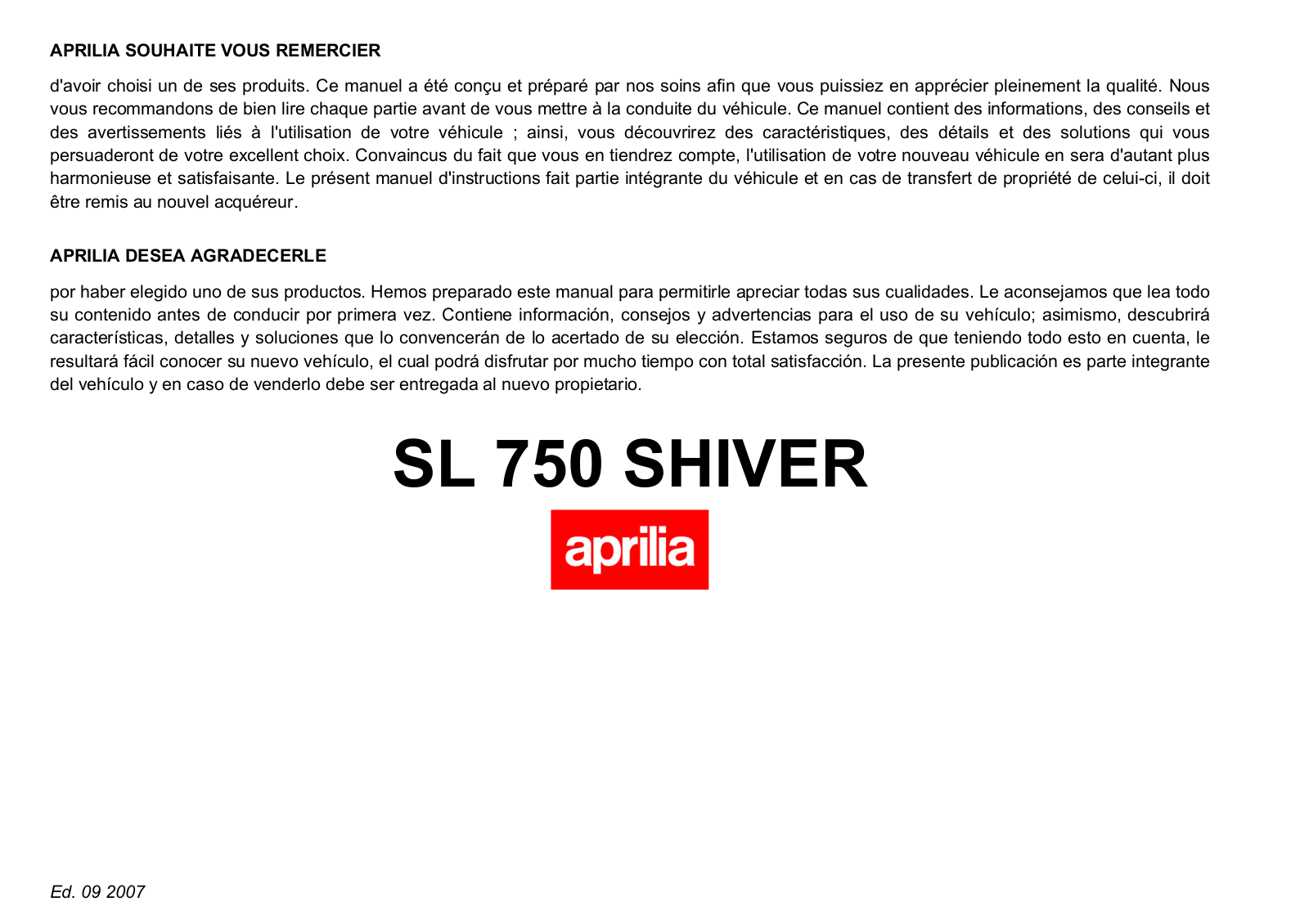 Aprilia SL 750 SHIVER User Manual