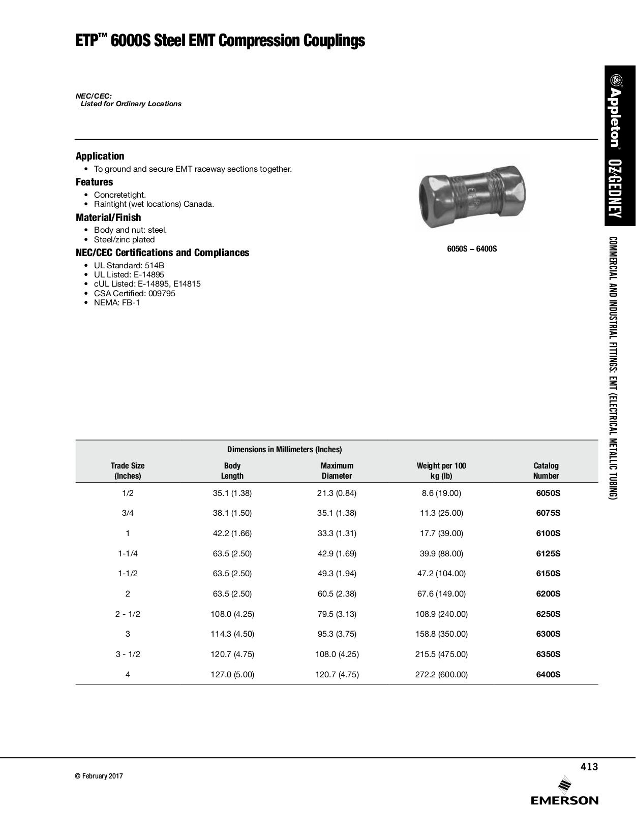 Appleton 6000S Steel EMT Compression Couplings Catalog Page