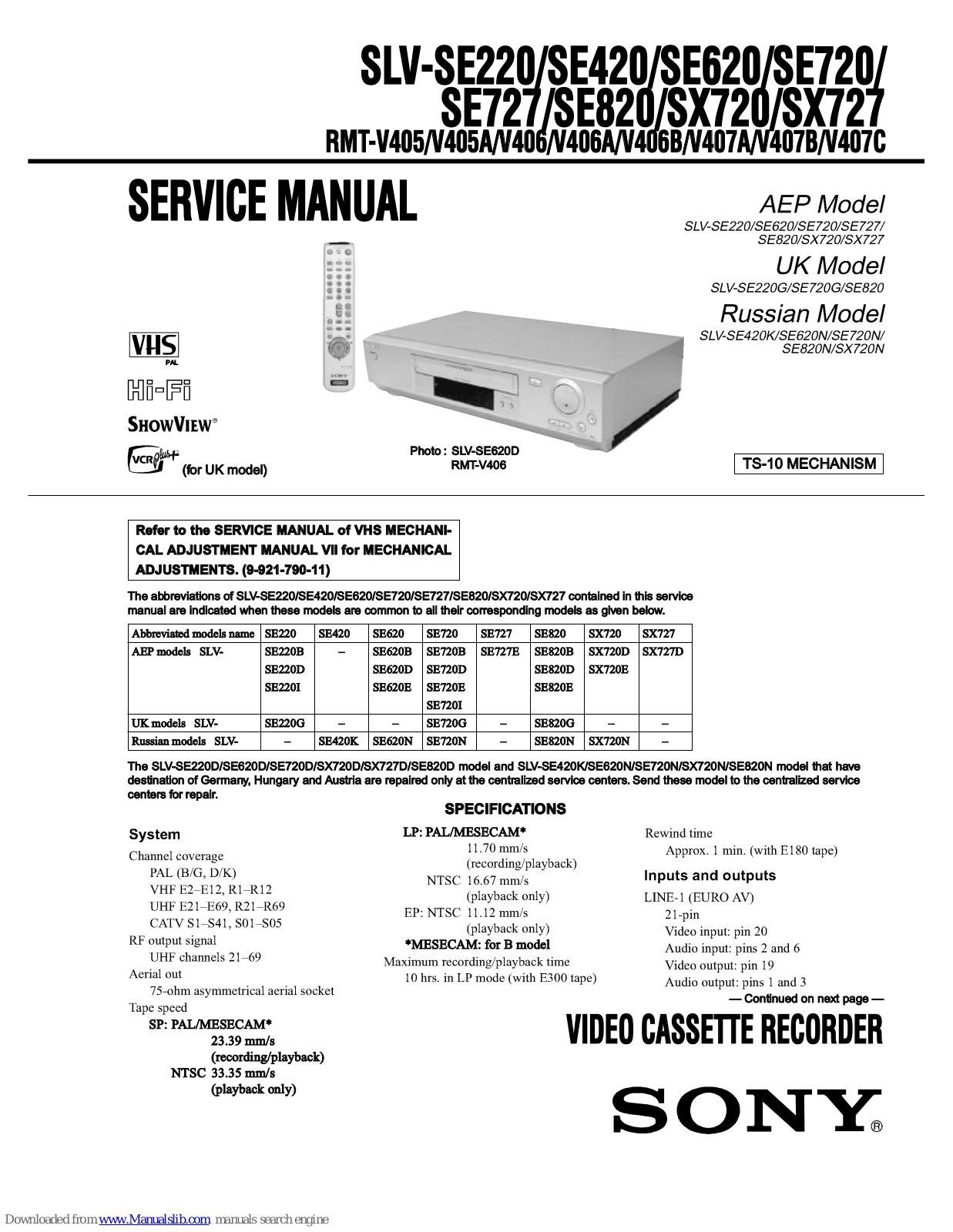Sony SLV-SX720, SLV-SE620, SLV-SX727, RMT-V405, RMT-V405A Service Manual