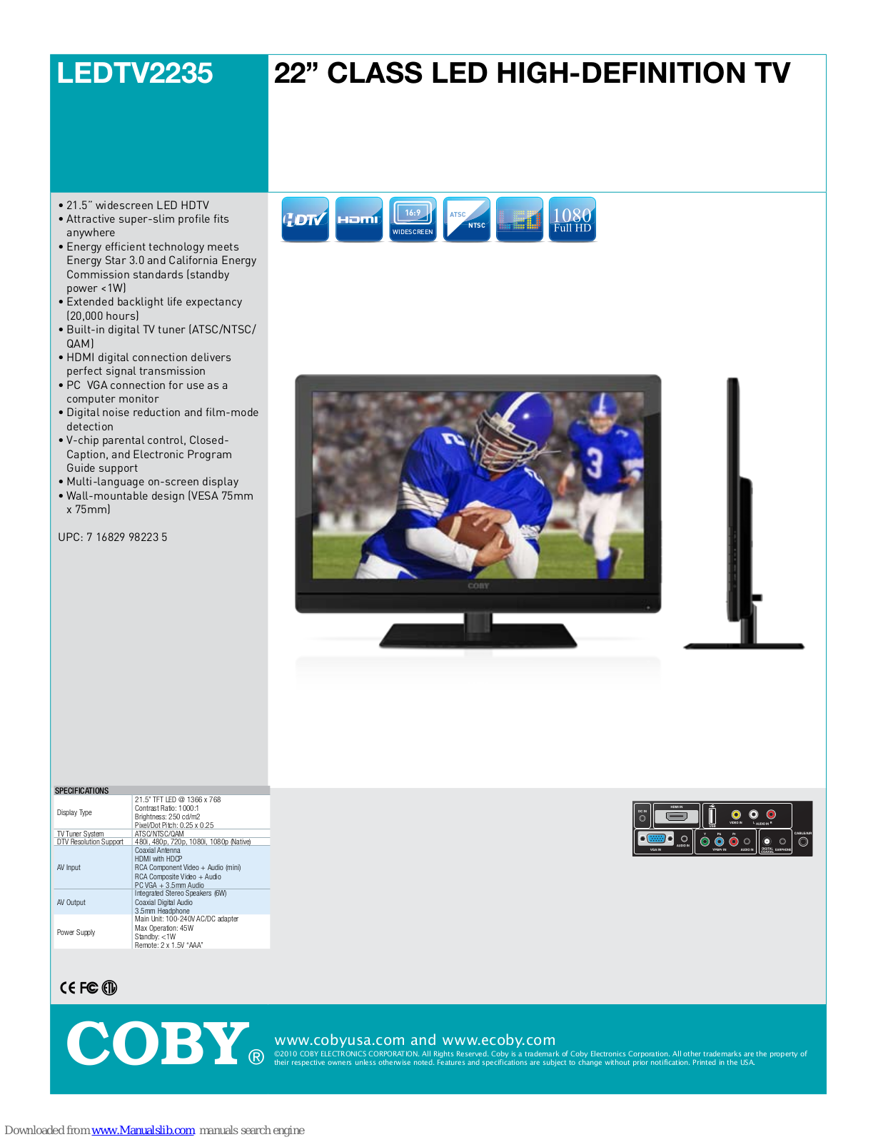 Coby LEDTV2235 Specifications