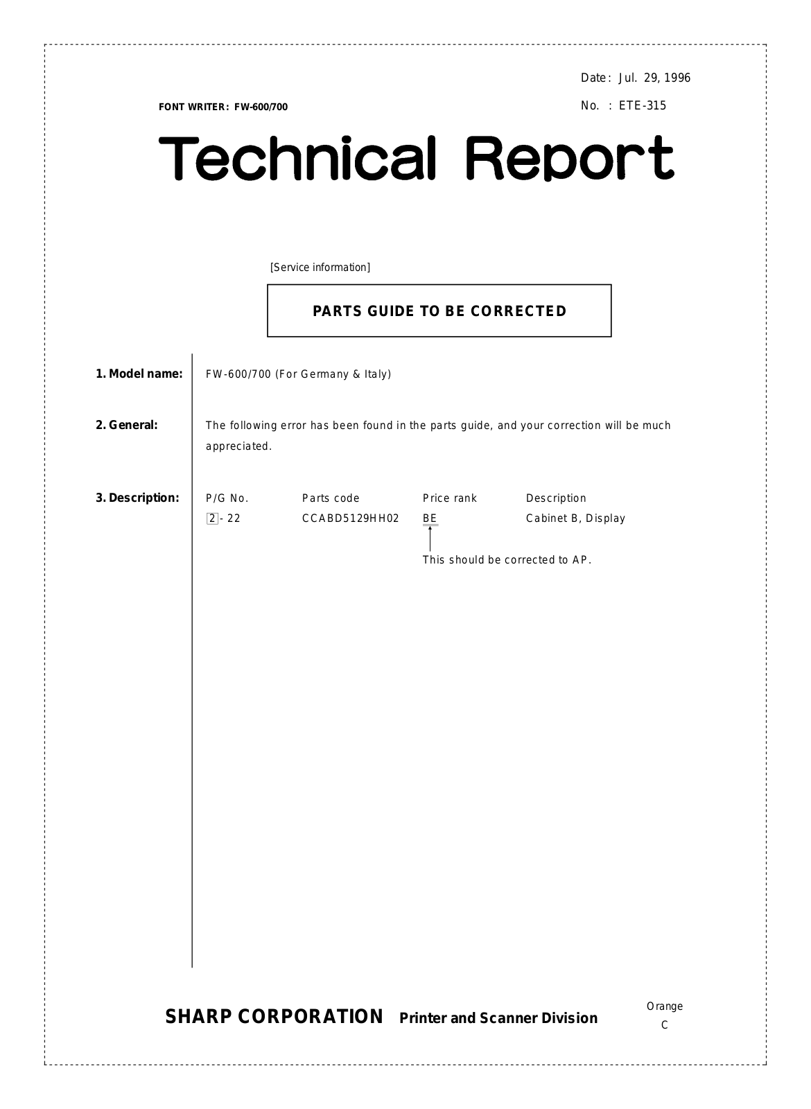 SHARP ETE315 Technical Report