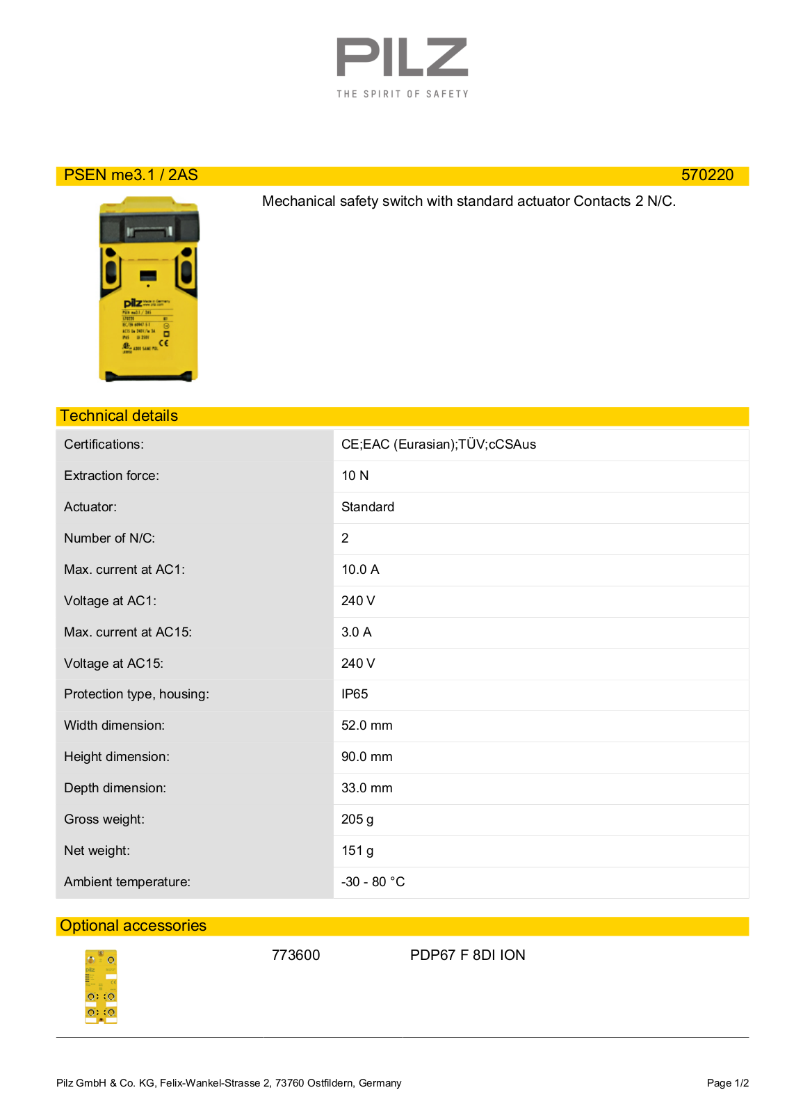 Pilz 570220 Data Sheet