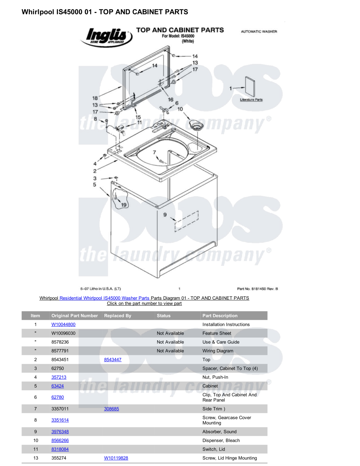 Whirlpool IS45000 Parts Diagram