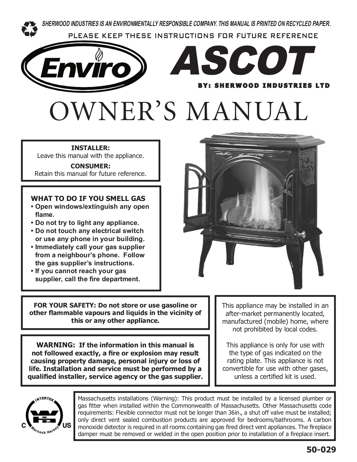 Enviro ASCOT VENTED GAS FIREPLACE HEATER User Manual