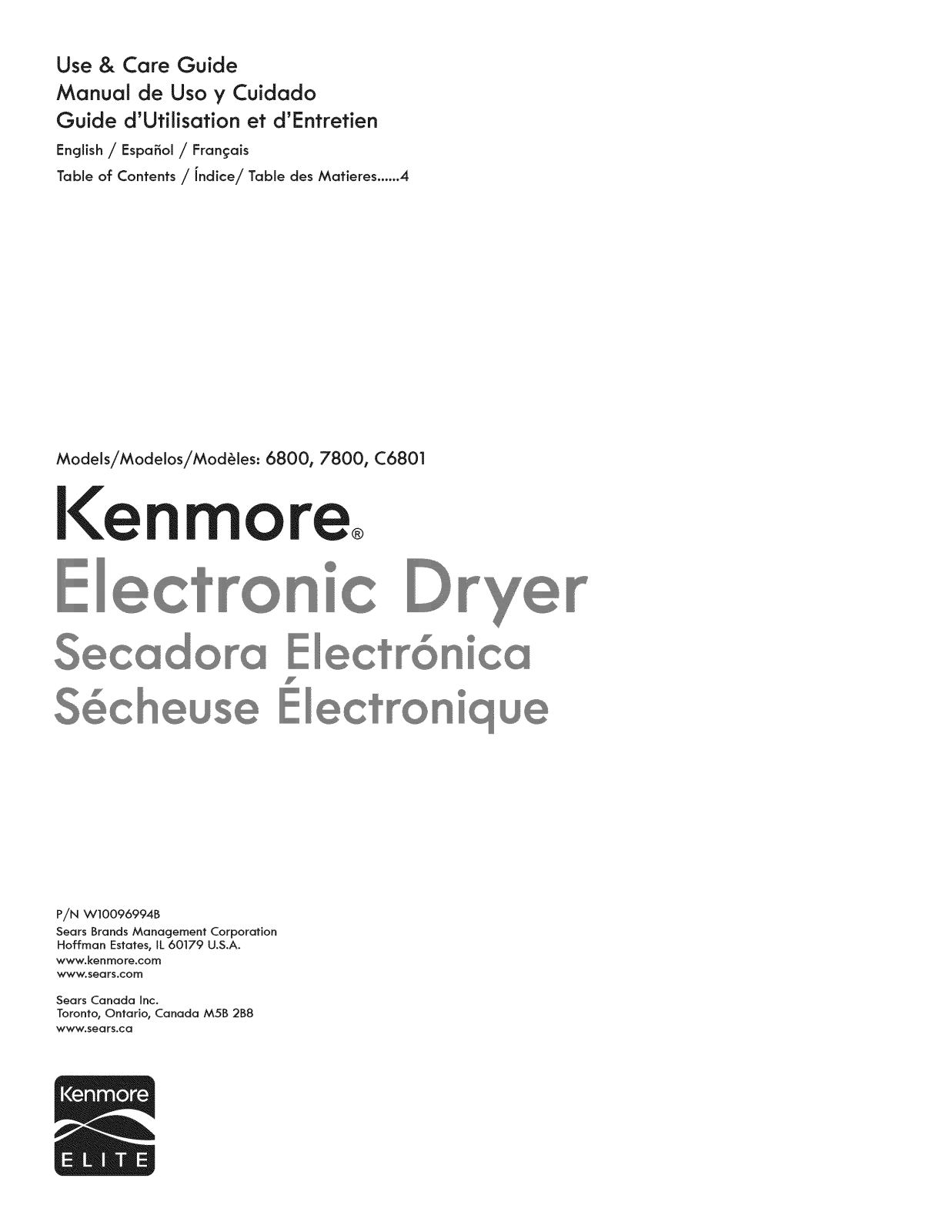 Kenmore 110C68012011, 11078002012, 11078002011, 11078002010, 11068002011 Owner’s Manual