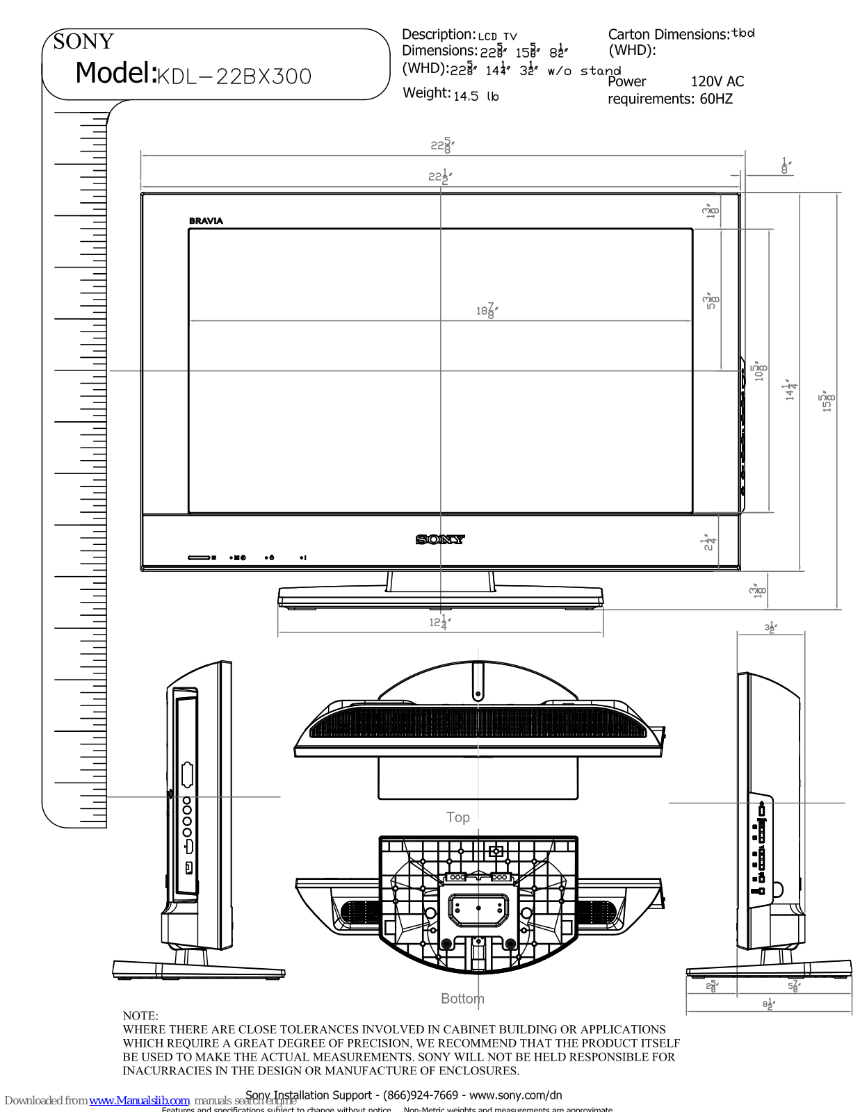 Sony KDL-22BX300 - Bravia Bx Series Lcd Television Dimensions