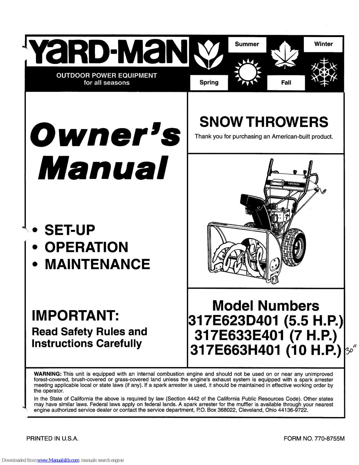 Yard-Man 317E623D301, 317E663H401, 317E633E401 Owner's Manual