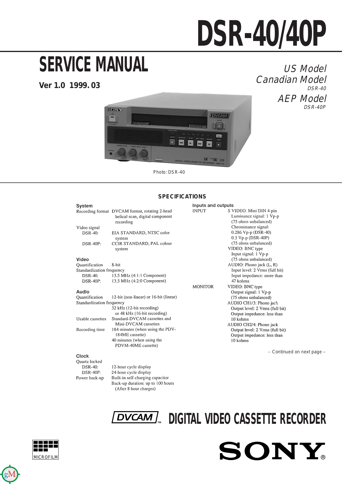 Sony DSR-40-P, DSR-40 Service manual