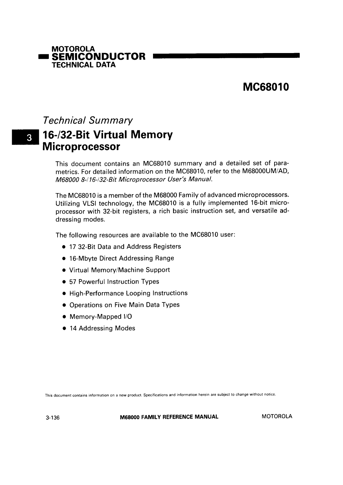 Motorola MC68010, MC68010C Datasheet