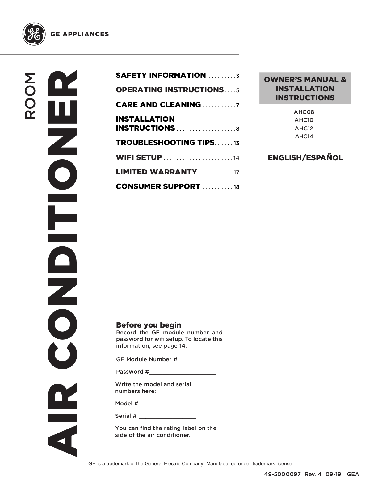 GE AHC08, AHC10, AHC12, AHC14 Owner’s Manual & Installation Instructions