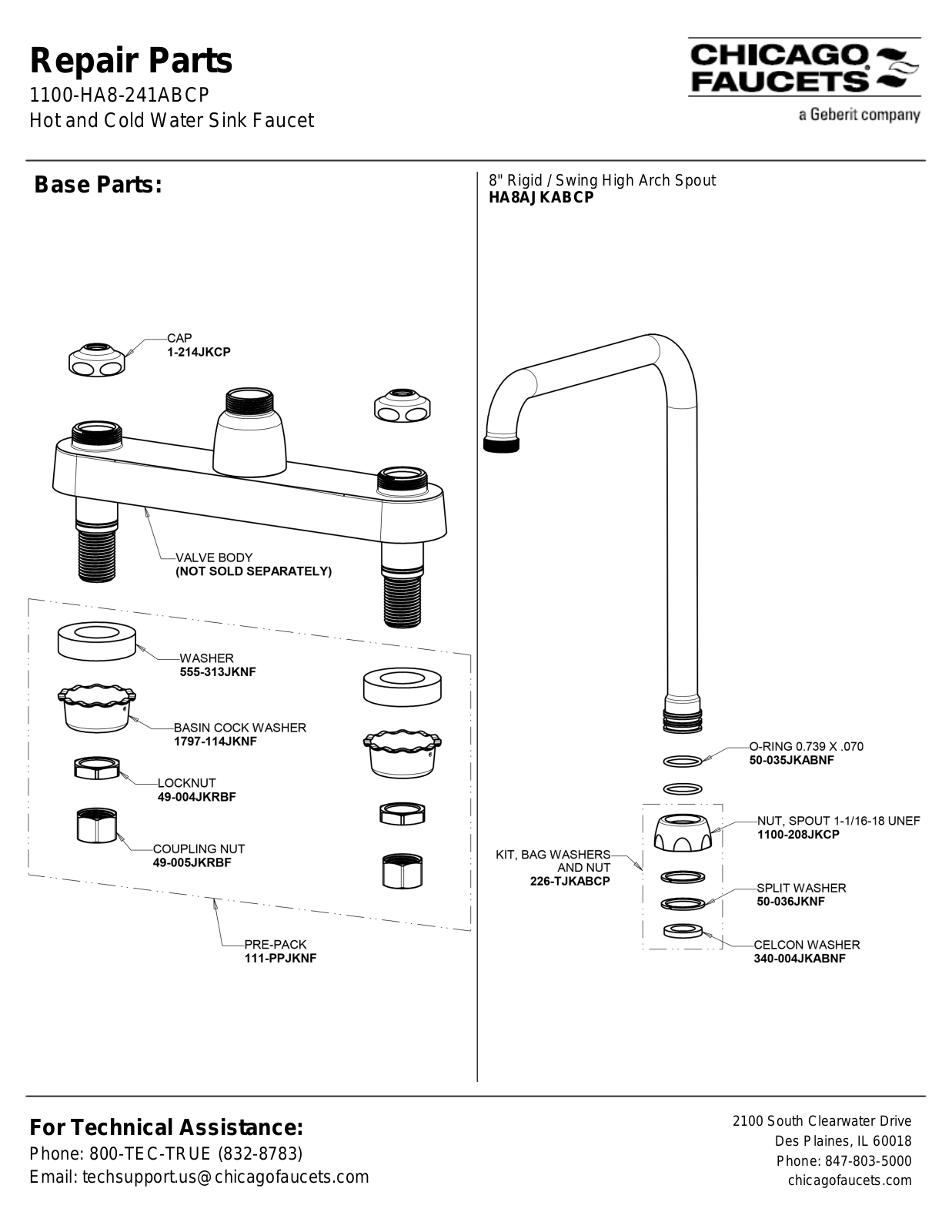 Chicago Faucet 1100-HA8-241ABCP Parts List