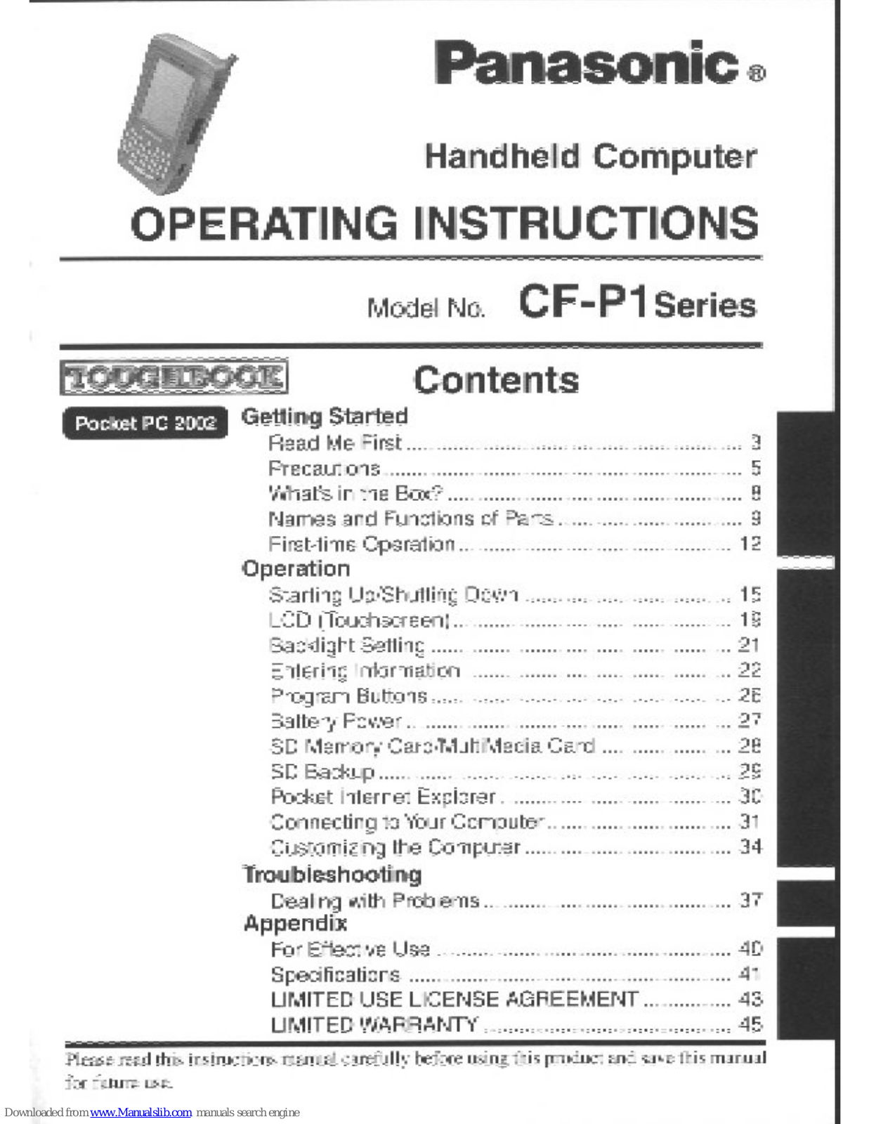 Panasonic Toughbook CF-P1S3CZZ5M, FP1S1CZZ5M - HANDHELD COMPUTER, F8 - Toughbook - Core 2 Duo SP9300, Toughbook CF-P1 User Manual