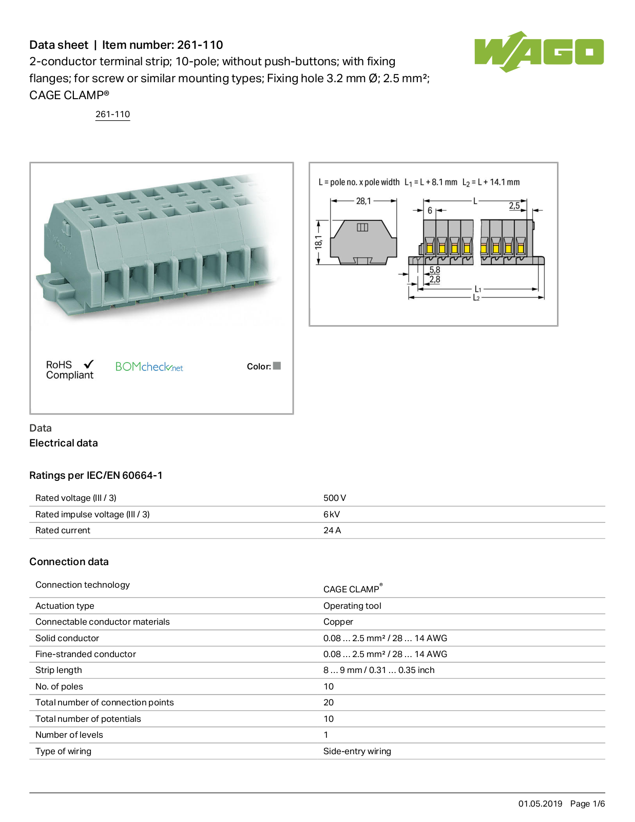 Wago 261-110 Data Sheet