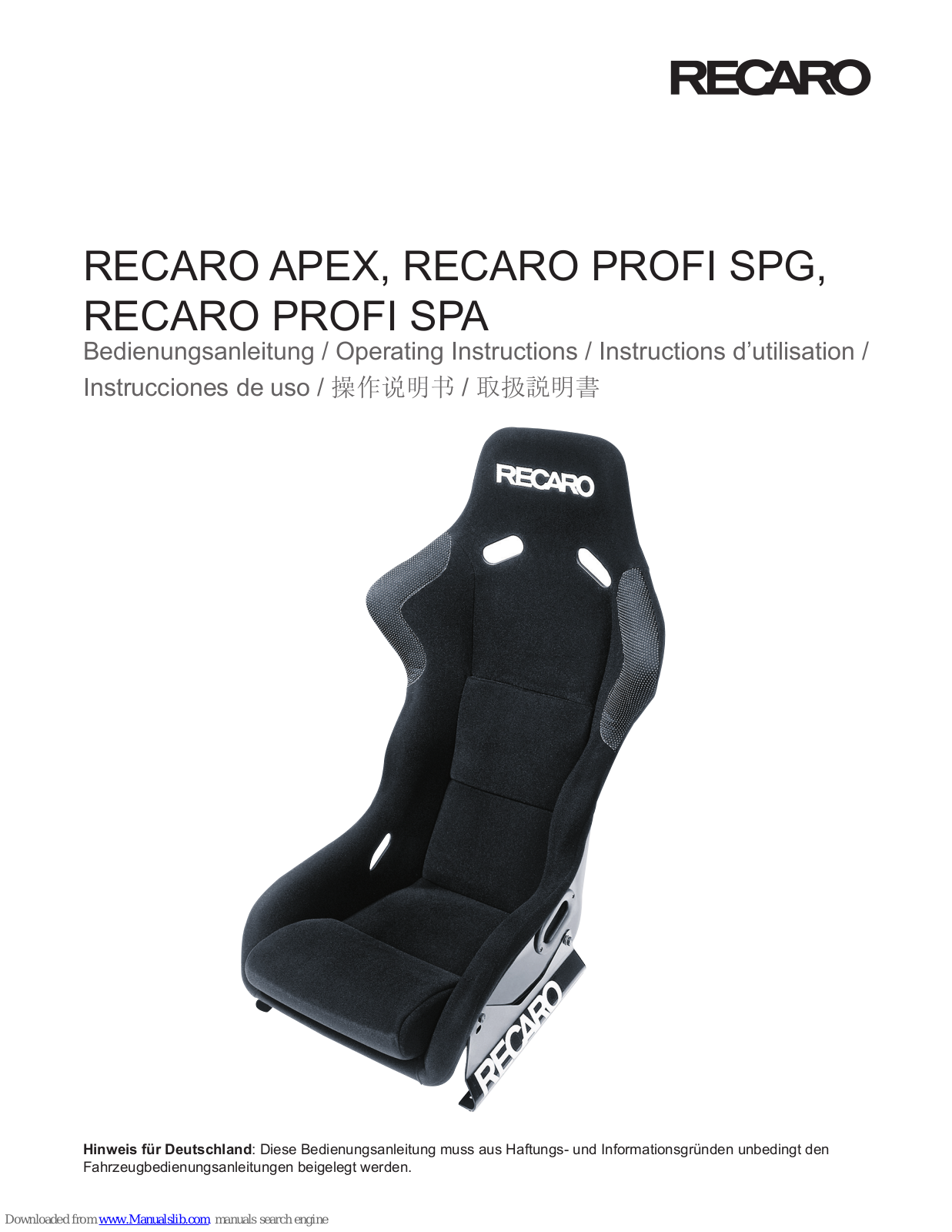 RECARO apex, profi spg, profi spa Operating Instructions Manual