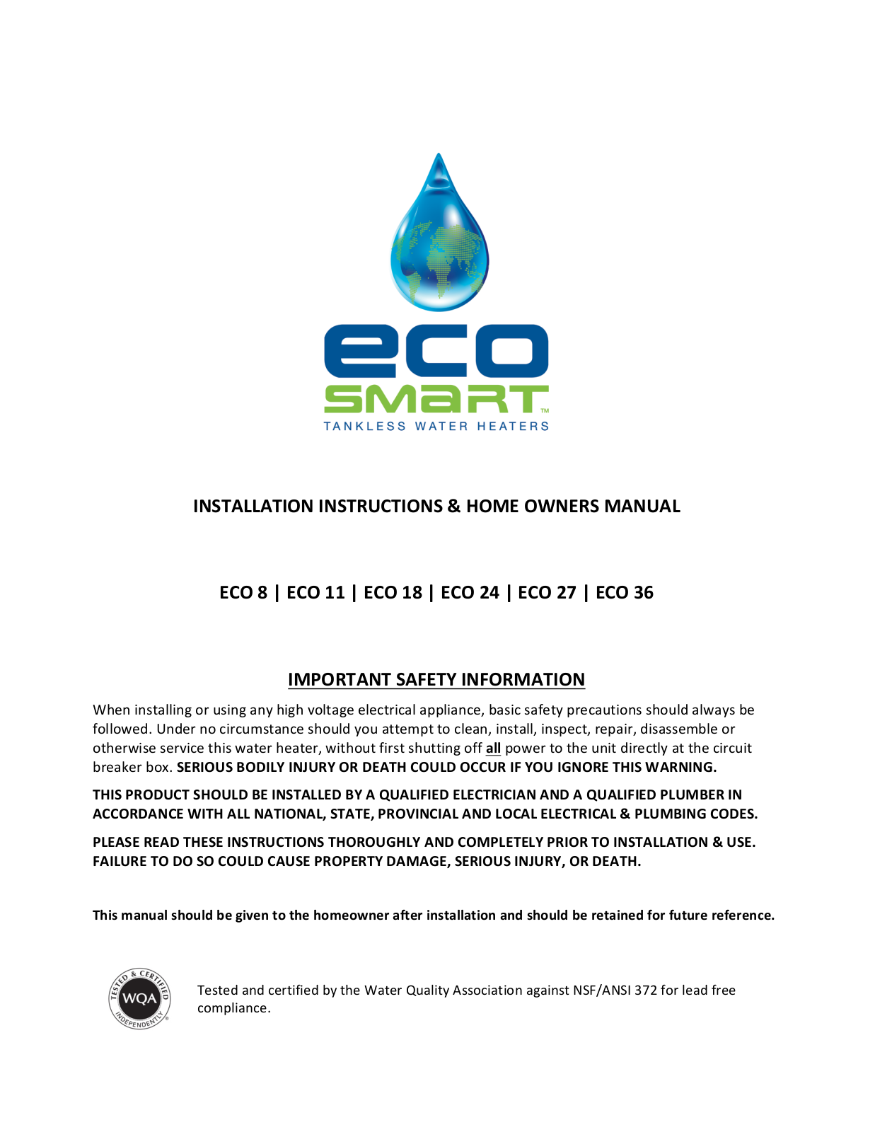 eco Smart Tankless Water Heaters Installation Manual