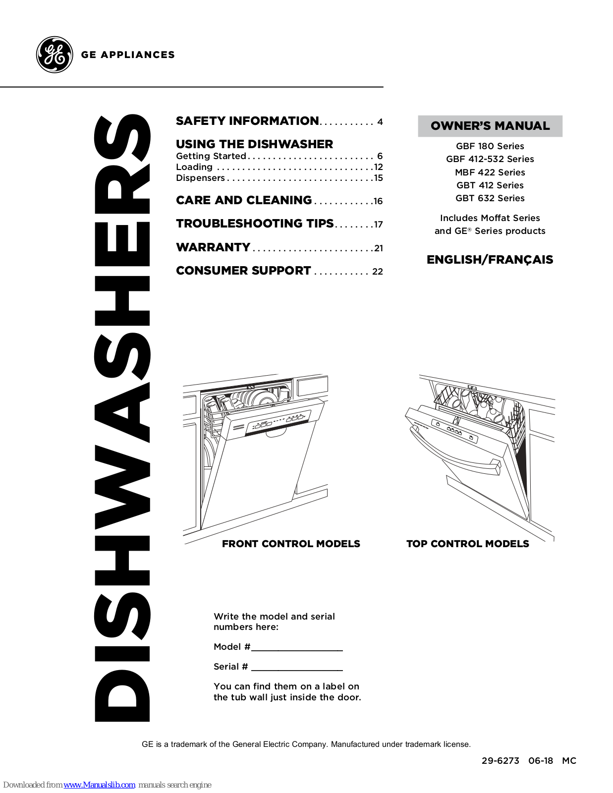 GE GBF 412 Series, GBF 532 Series, GBF 180 Series, MBF 422 Series, GBT 632 Series Owner's Manual