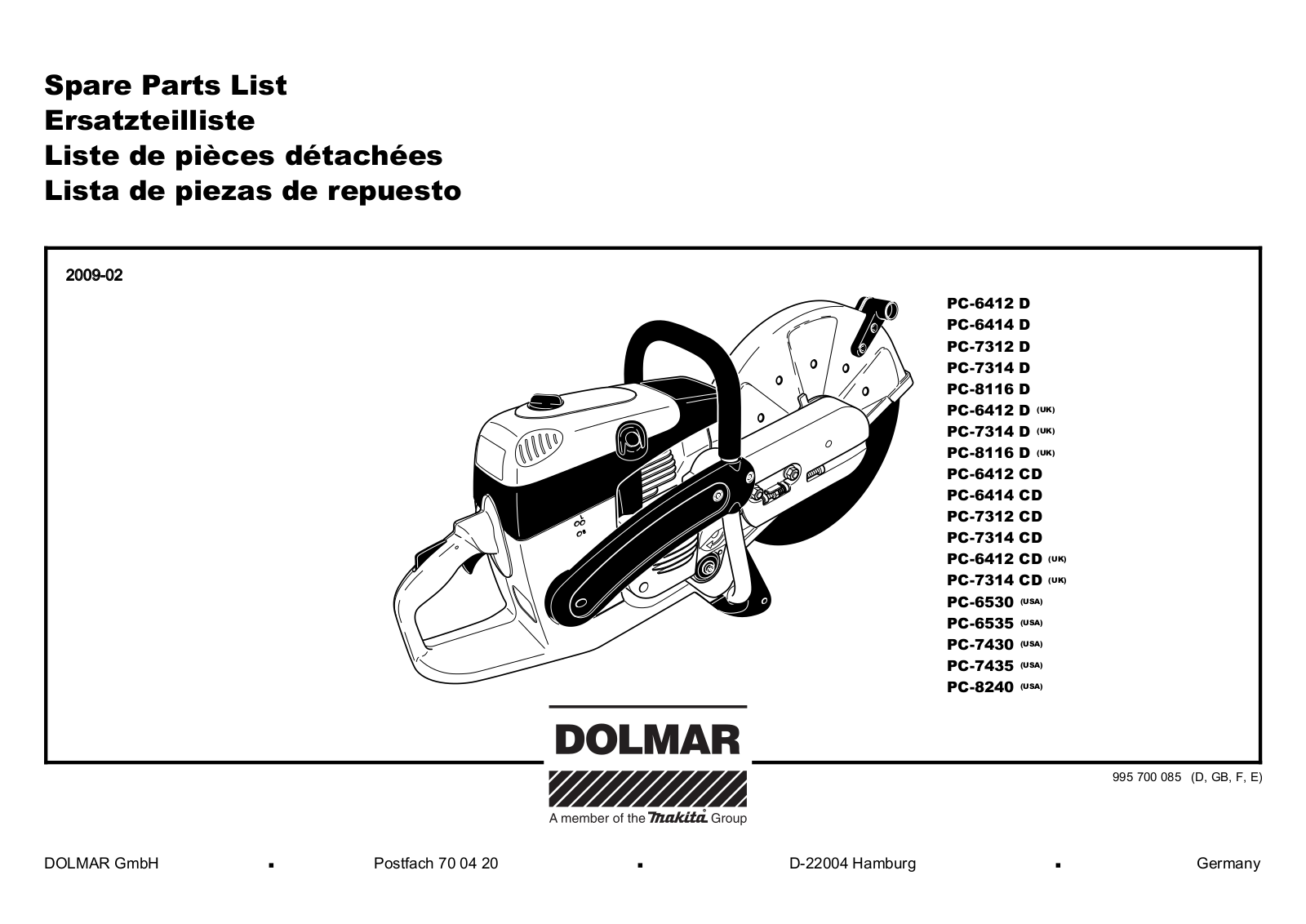 Dolmar PC-7430, PC-6412 D, PC-6535, PC-7435, PC-6412 CD Spare Parts List