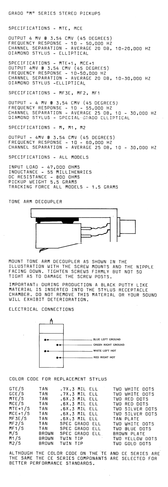 Grado Catalogue M series Owners manual