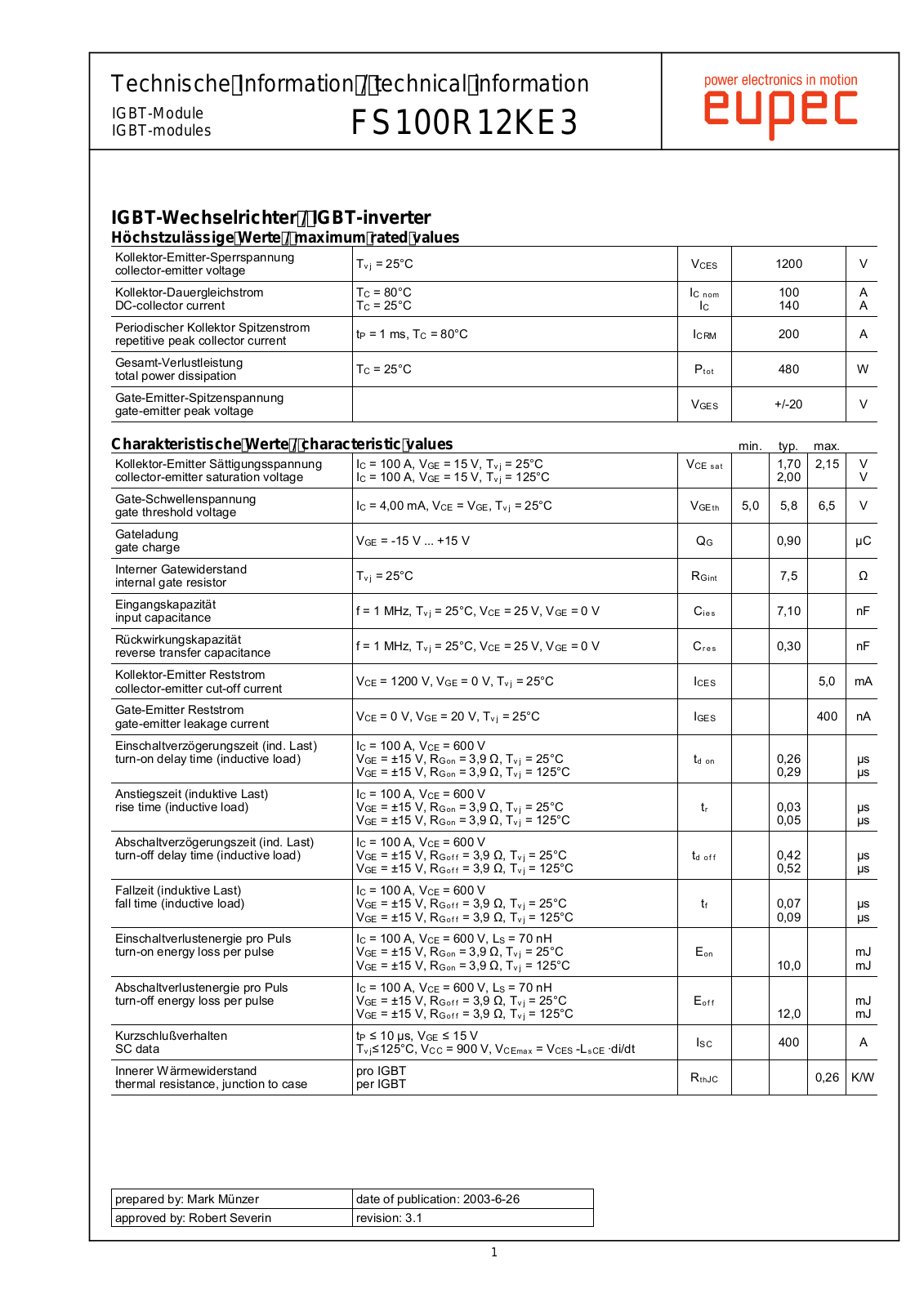 Infineon FS100R12KE3 Data Sheet